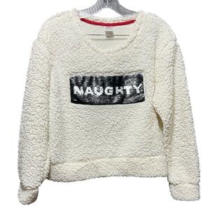 Cozy Cream Sherpa Sweater with Naughty / Nice flip sequins